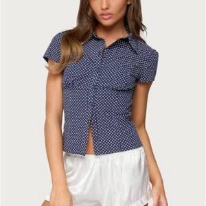 Edikted Navy Polka Dot Button Down Shirt